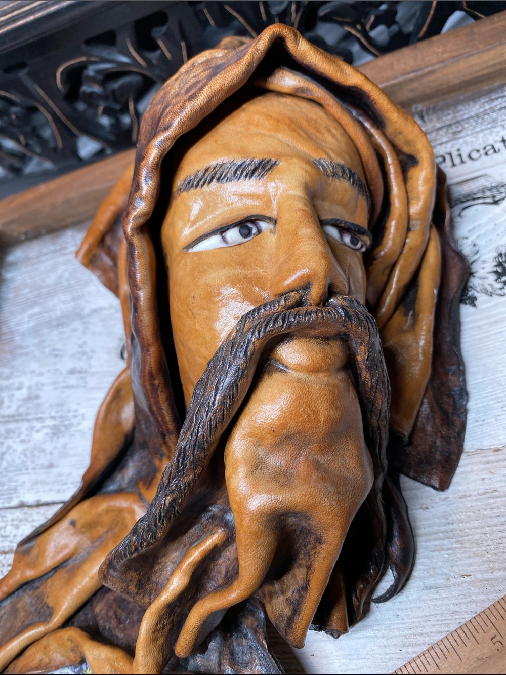 Artisan Crafted Sculpted Natural Leather Wall Hanging Of a Bedouin Figure
